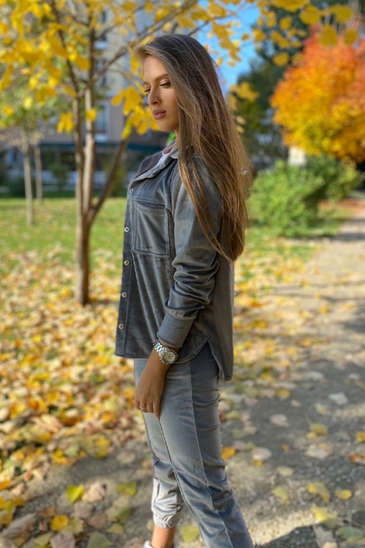 Compleu de catifea Aurora, pantaloni si camasa, Gri, Marime S/M