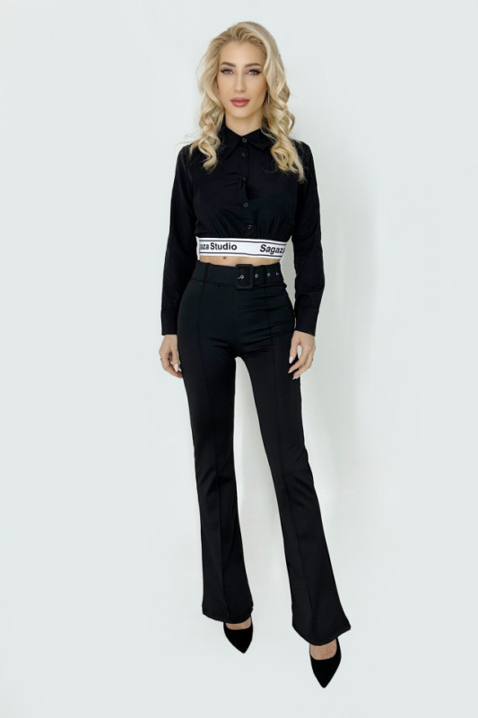 Compleu Saga Black , camasa crop cu pantaloni eleganti evazati si curea, Negru