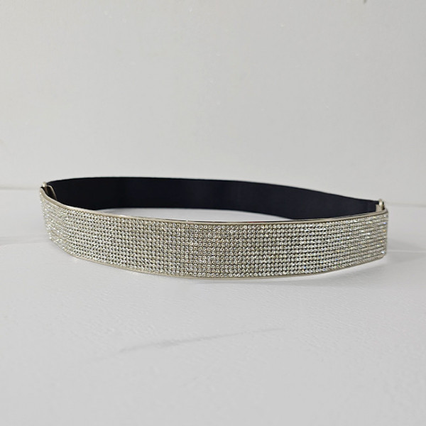 Curea elastica, metalica, cu pietre artizanale, Bow, Latime 3 cm, Argintiu