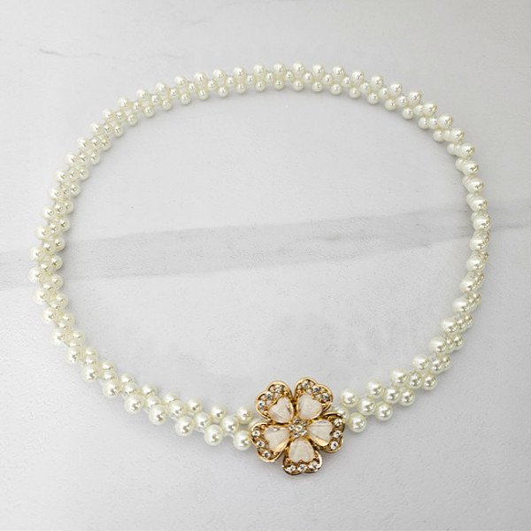 Curea elastica Pearly, catarama metalica decorativa si perle, Gold Flower