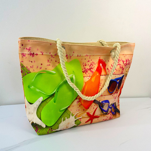 Geanta de plaja Nautic Holiday, cu imprimeu de vara si manere tip sfoara, Green Slipers