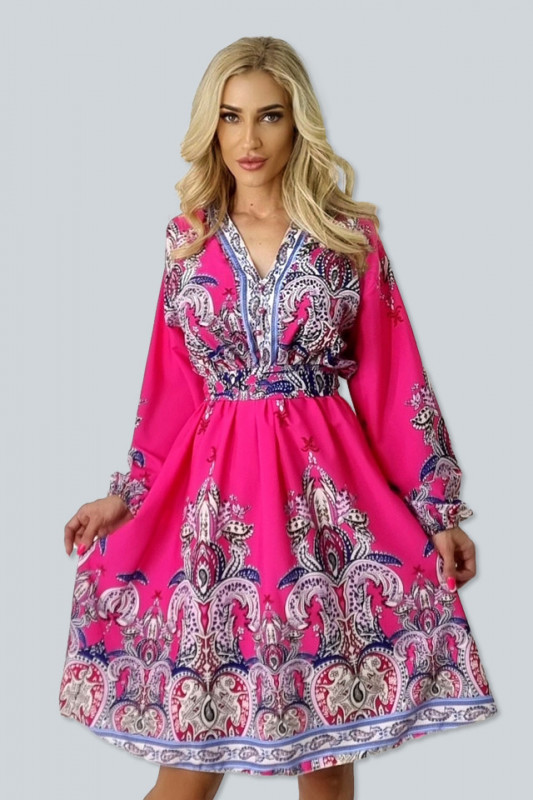 Rochie baby doll Esmeray, cu maneci bufante si imprimeu in stil baroc, Roz inchis