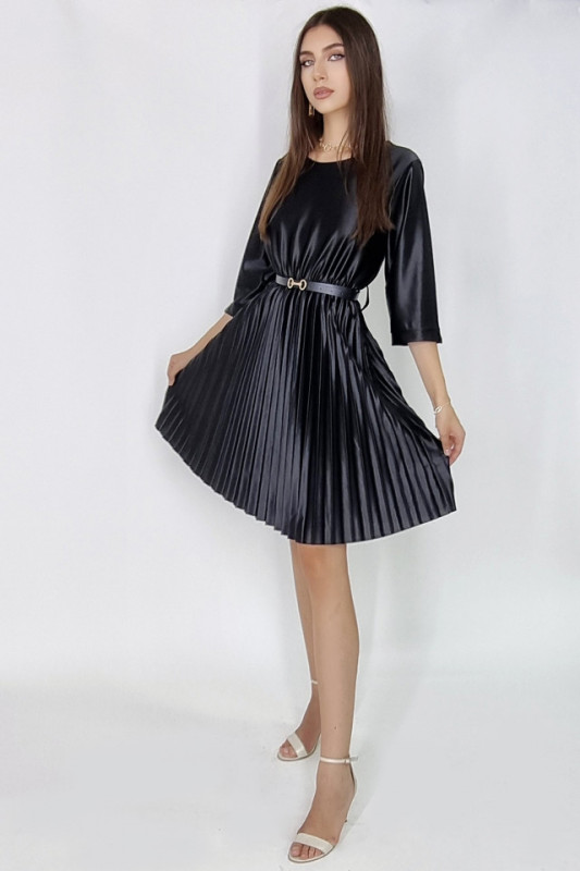 Rochie midi Glossy, cu efect plisat si curea inclusa, Negru