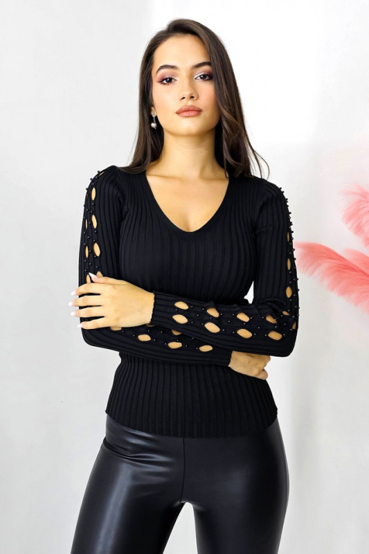 Bluza casual Darina, model decupat cu perle artizanale, Negru, Marime S/M