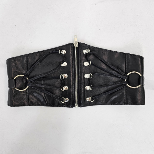 Centura corset Tez, din piele ecologica, elastica, cu fermoar si detalii metalice, Negru