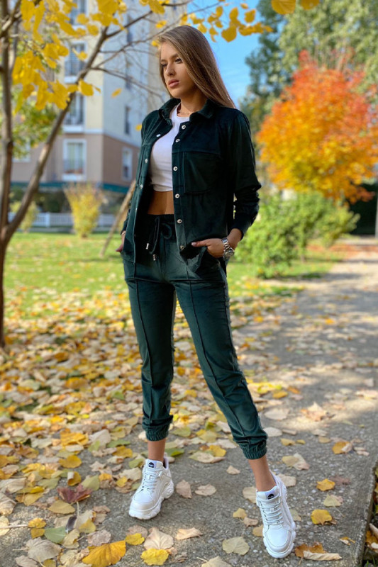 Compleu de catifea Aurora, pantaloni si camasa, Verde smarald, Marime S/M