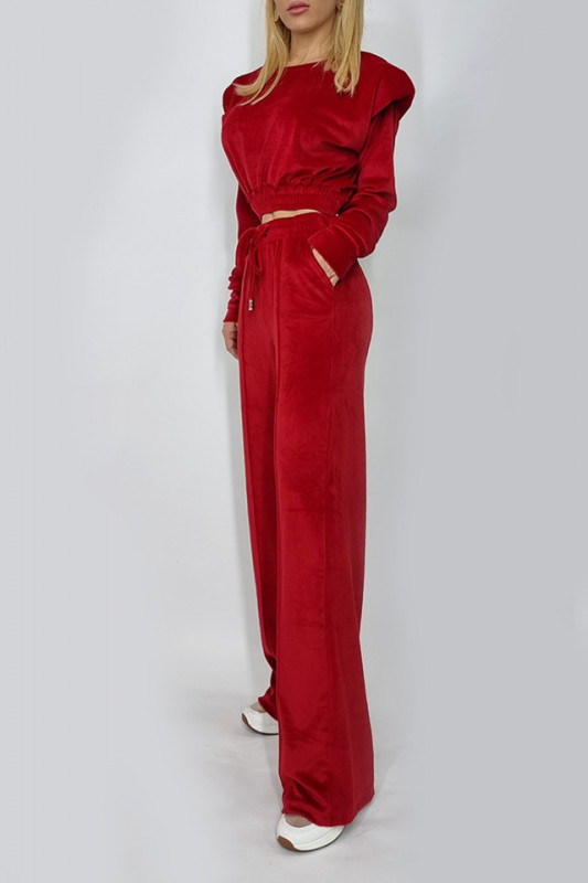 Compleu de catifea Miley bluza si pantaloni evazati rosu