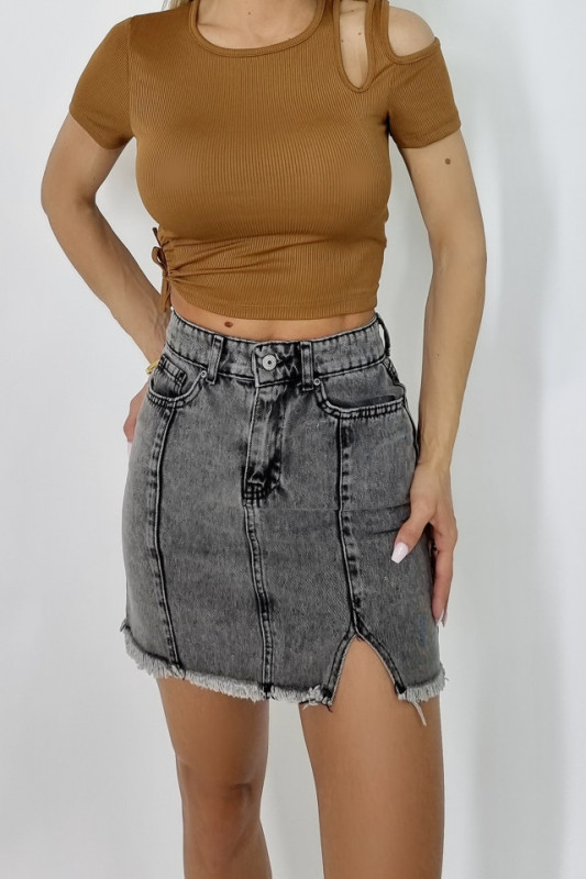 Fusta de blugi, Dalila, mini, cu despicatura laterala, Gri