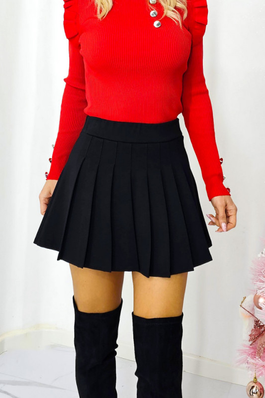 Fusta pantalon Fabyna, croi plisat cu imprimeu uni, Negru