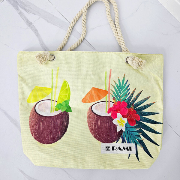 Geanta de plaja Genevie, cu imprimeu de vara si manere tip sfoara, Coconuts, 46x36