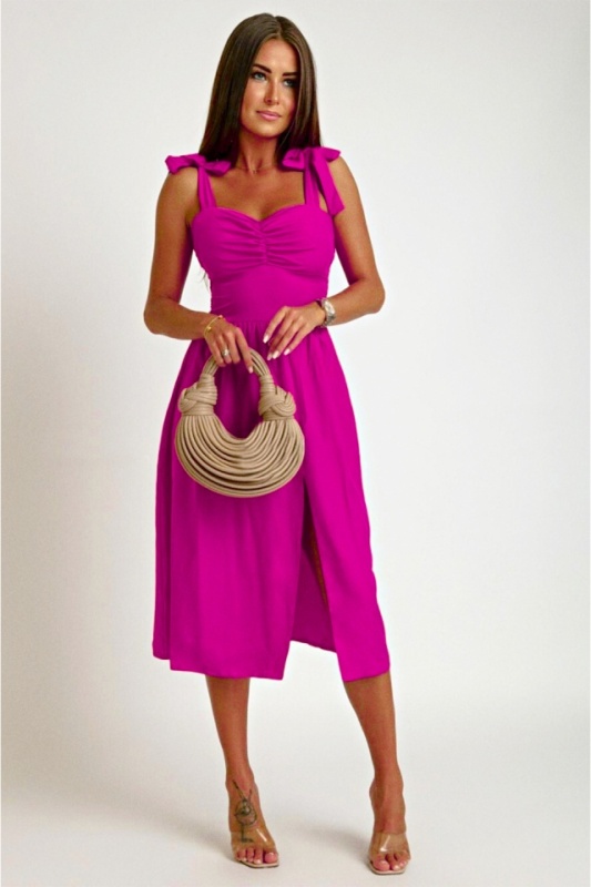 Rochie de vara MYA Masha, cu bretele legate funda si imprimeu uni, Fucsia, Marime S/M