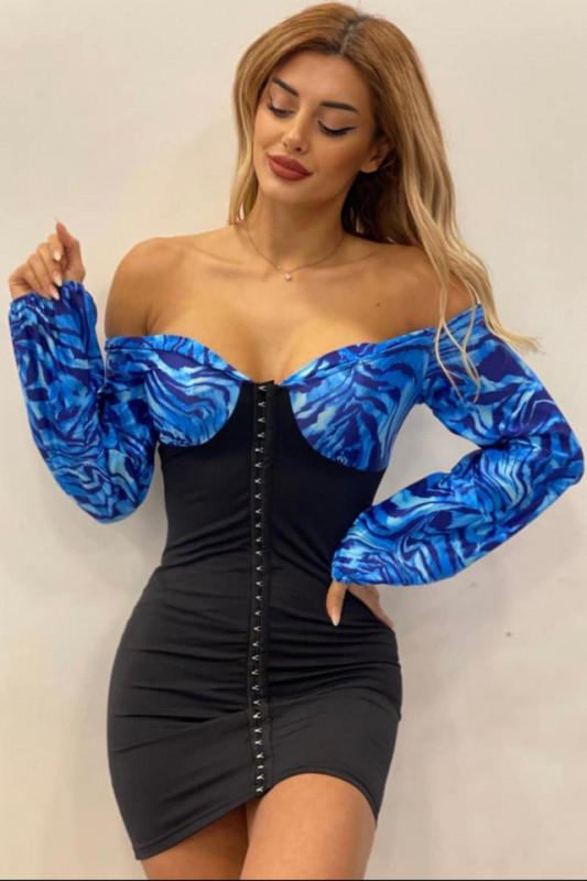 Rochie mulata Passion, cu decolteu amplu si maneci bufante, Aqua Blue1