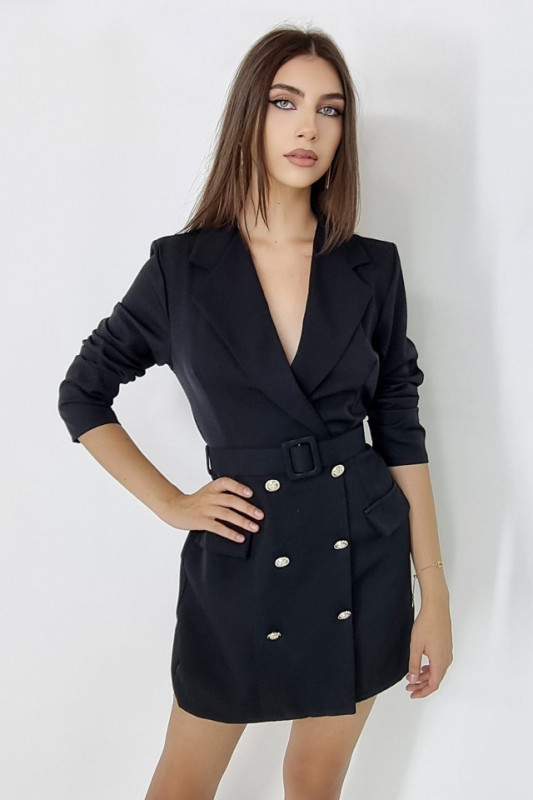 Rochie tip sacou Roxie, curea in talie si revere ample, Negru, Marime universala S/M