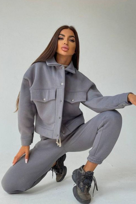 Trening vatuit dama, Arina, pantaloni lejeri si bluza cu capse, Gri