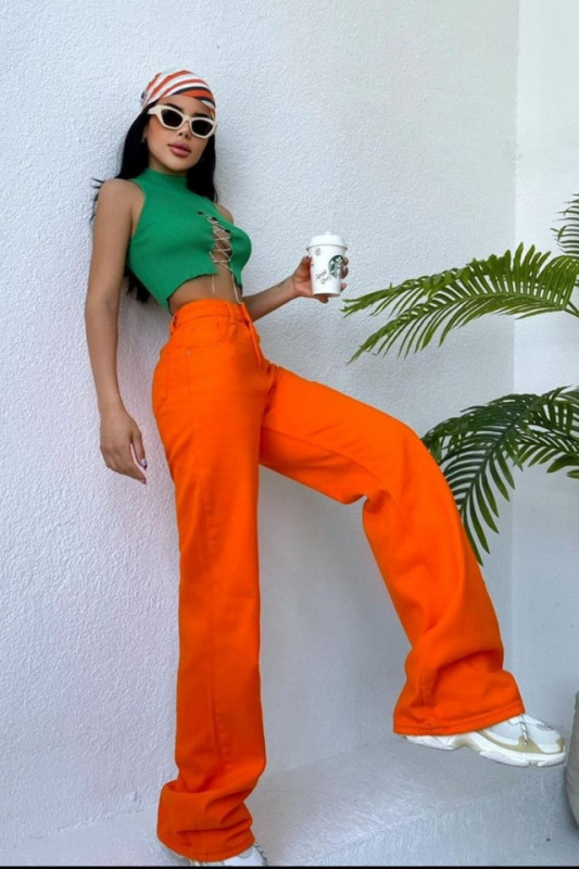 Blugi mom fit Simons, evazati, fara elastan, Orange