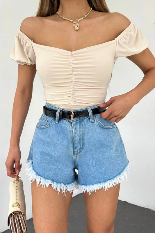 Bluza striata Belynda, cu maneca scurta bufanta si fronseu, Crem