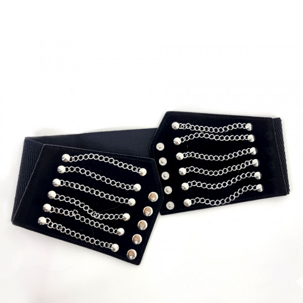 Centura corset Chains neagra, lata, din piele ecologica si textura elastica, cu aplicatii tip lant