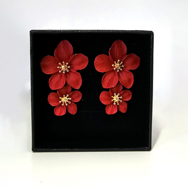 Cercei lungi Sublime Petunia, cu design floral, realistic, in cutie eleganta, Rosu