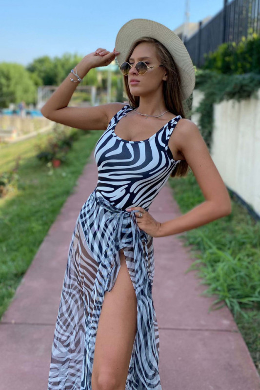 Compleu de plaja, costum baie si fusta din plasa, Koko, Zebra
