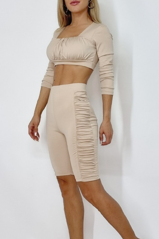 Compleu Natalia bluza scurta si colanti crem