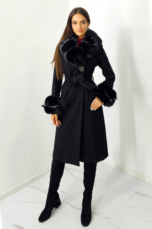 Palton elegant Anastasia, cu brosa, mansete si guler din blana ecologica, Negru