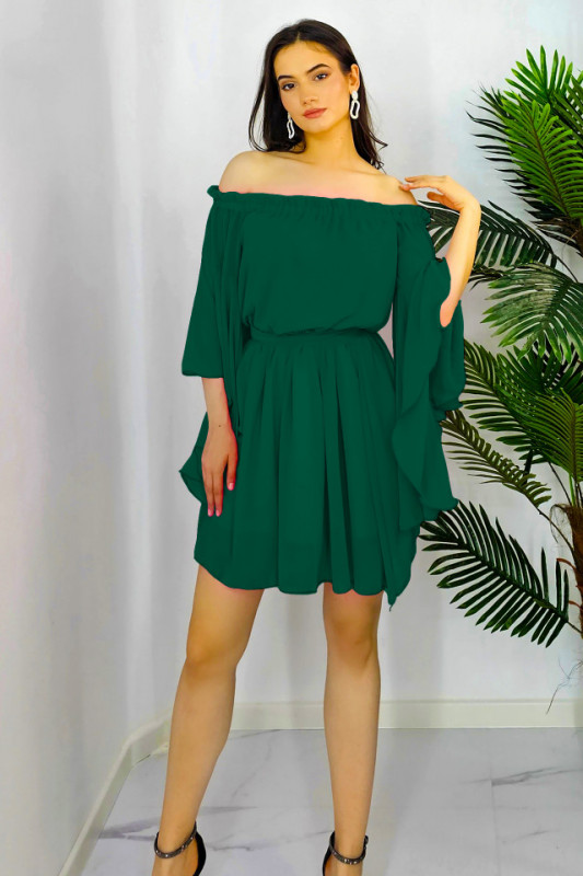 Rochie baby-doll Azale, in clos, cu maneci oversize si volane, Verde inchis, Masura S/M