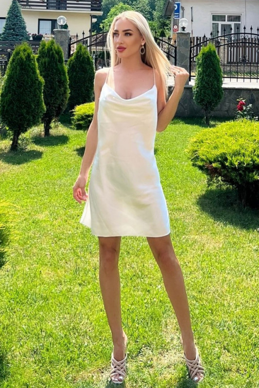 Rochie satinata Begonia, cu bretele subtiri glitter, Alb