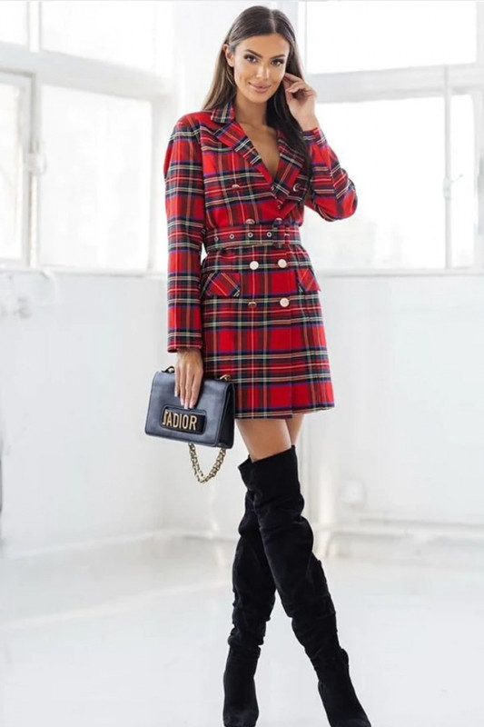 Rochie tip sacou VyVy, imprimeu cu carouri si curea asortata, Rosu, Marime S/M