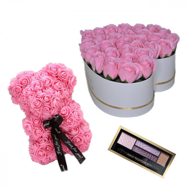 Set Cadou Aranjament floral cutie inima alba cu trandafiri roz de sapun, Ursulet floral Roz 25cm si Paleta fard Max FactorX