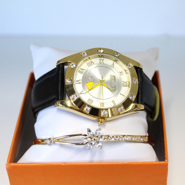 Set ceas elegant Waterproof Matteo Ferari, curea din piele ecologica si bratara asortata, Hearts, Negru/Auriu1