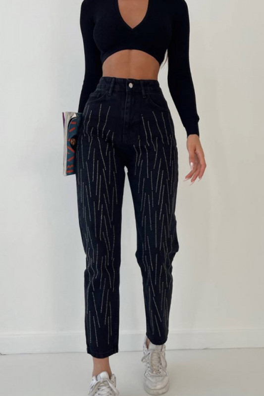 Blugi dama Pierre, mom fit, cu talie inalta si strasuri aplicate, Negru