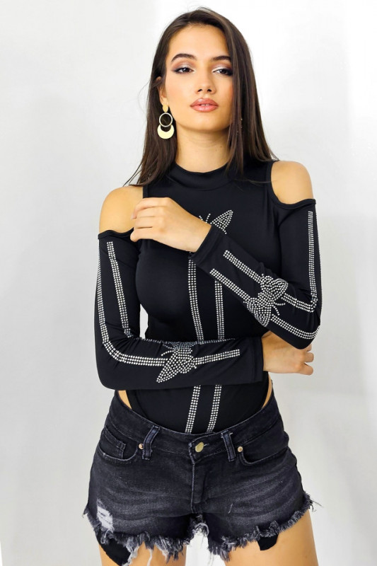 Bluza tip body FlyMex, cu aplicatii decorative si guler tunica, Negru