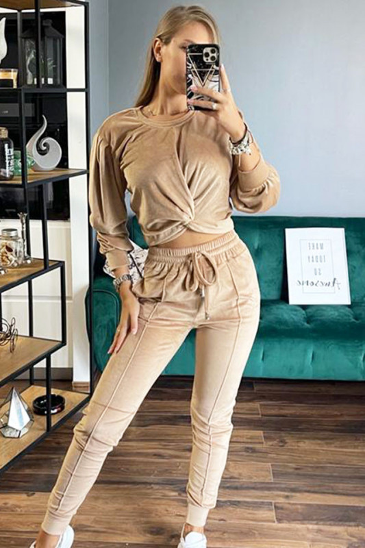 Compleu de catifea Katrina, pantaloni si bluza, crem