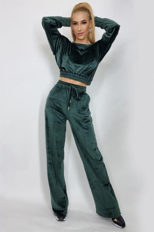 Compleu de catifea Miley bluza si pantaloni evazati verde