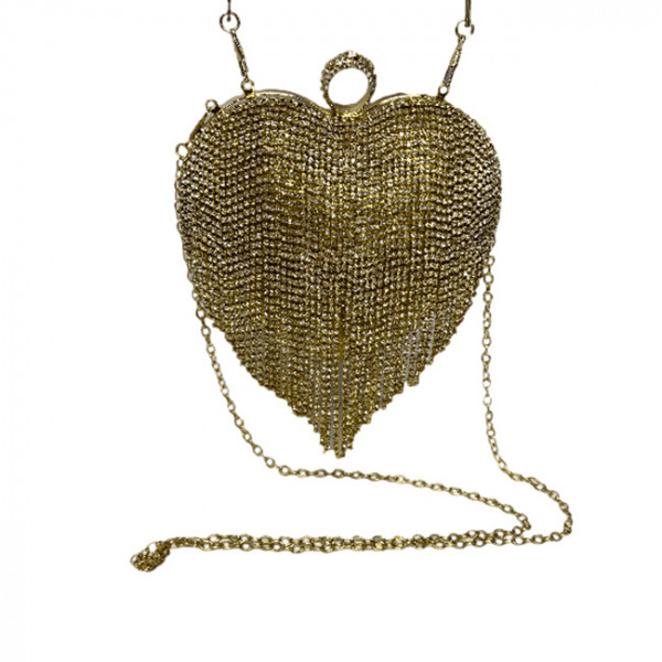 Geanta de ocazie, Glimmer, Gold, in forma de inima, cu strasuri si detalii metalice, Lant auriu