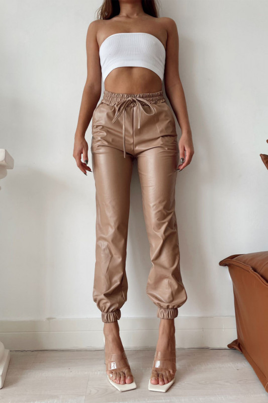 Pantaloni Jezebel, din piele ecologica, cu talie inalta si snur, Bej