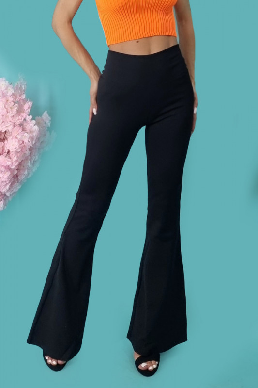 Pantaloni Liana, evazati, vatuiti cu talie inalta, aspect tetra, negru