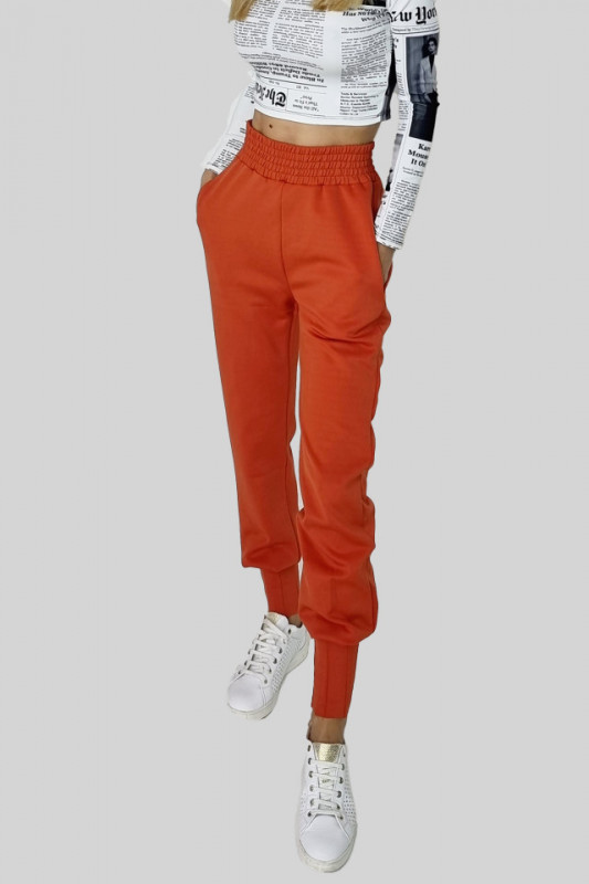 Pantaloni sport Imre, cu talie inalta si mansete elastice, late, la extremitati, Portocaliu
