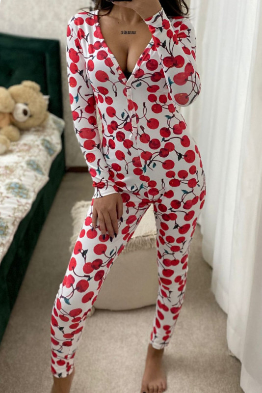 Pijama lunga tip salopeta Vicky, cu maneca lunga, inchidere cu nasturi si imprimeuri diverse, colorate, Cherry, Marime S/M/L