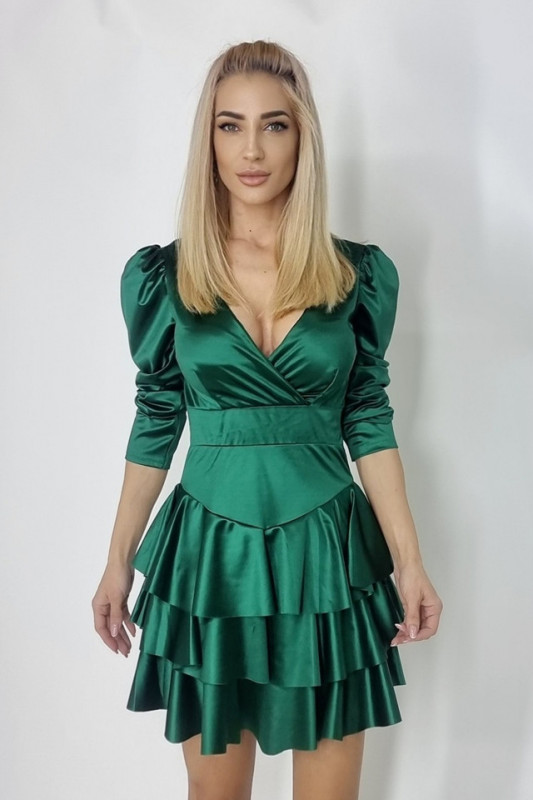 Rochie satinata Claire, cu volane si maneci lungi usor bufante, Verde smarald, Marime universala S/M