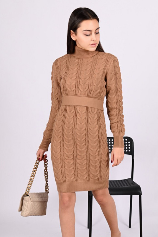 Rochie tricotata Irina, cu guler si maneca lunga, Bej