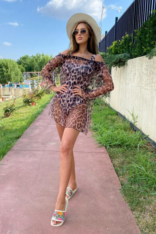 Set Floridas, costum de baie intreg si rochie din plasa, Leopard, Marime universala S/M