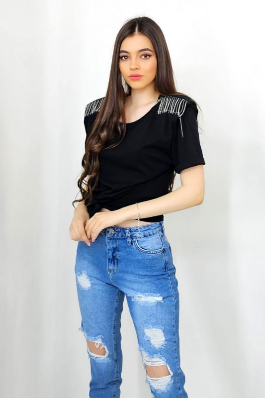 Bluza eleganta Kim, cu legare in talie si accesorii metalice cu cristale, Negru