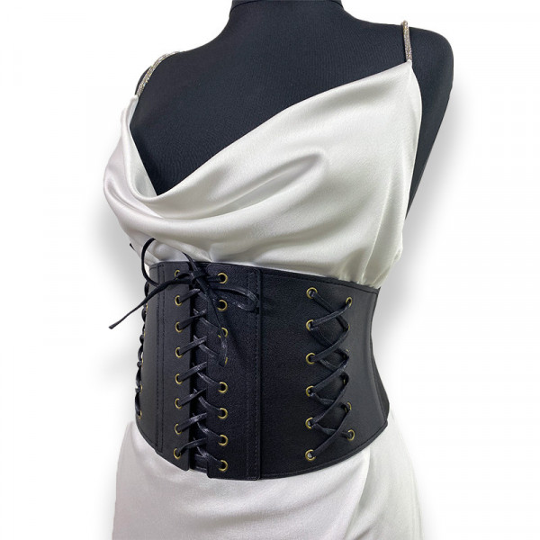 Centura corset Glam neagra, lata, din piele ecologica, elastica, cu snururi