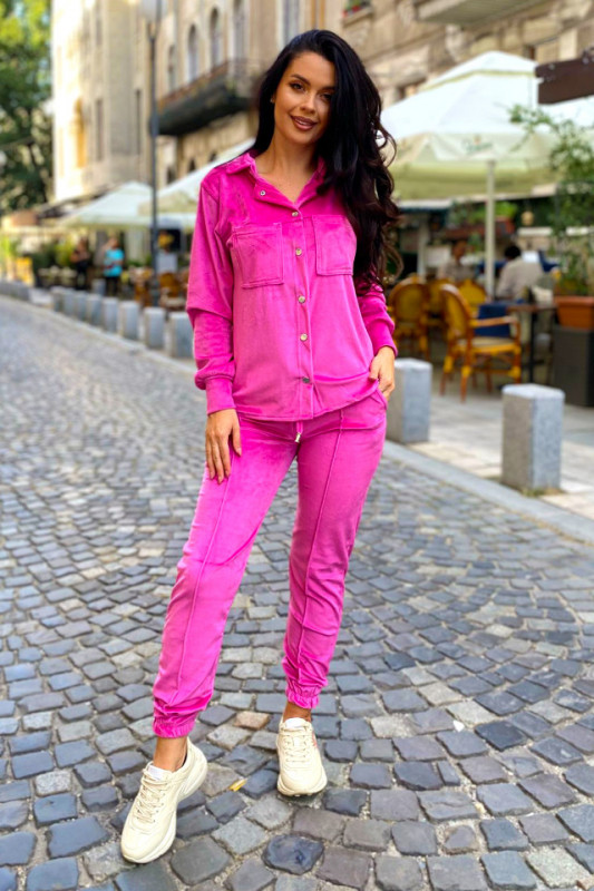 Compleu de catifea Aurora , pantaloni si camasa, Fucsia, Marime S/M
