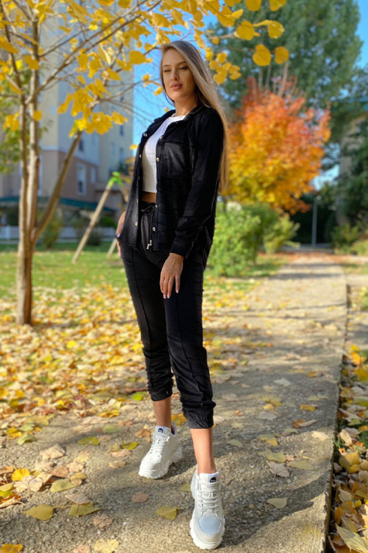 Compleu de catifea Aurora - pantaloni si camasa, Negru, Masura S/M