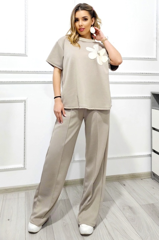 Compleu de zi CRYSSA, cu bluza oversize, floare aplicata si cristale, pantaloni Large, Cappuccino, Marime S/M/L
