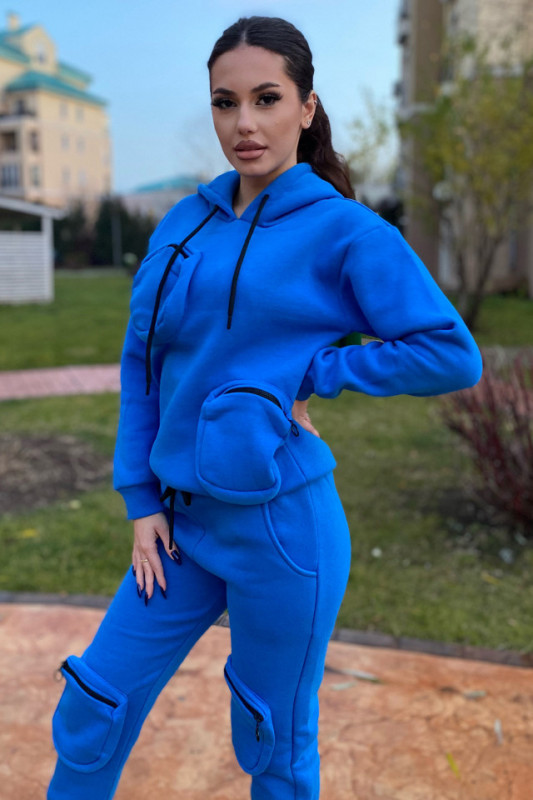 Compleu gros Alden, bluza cu gluga si pantaloni cu buzunare oversize exterioare si banda elastica la extremitati, Albastru, Marime universala S/M