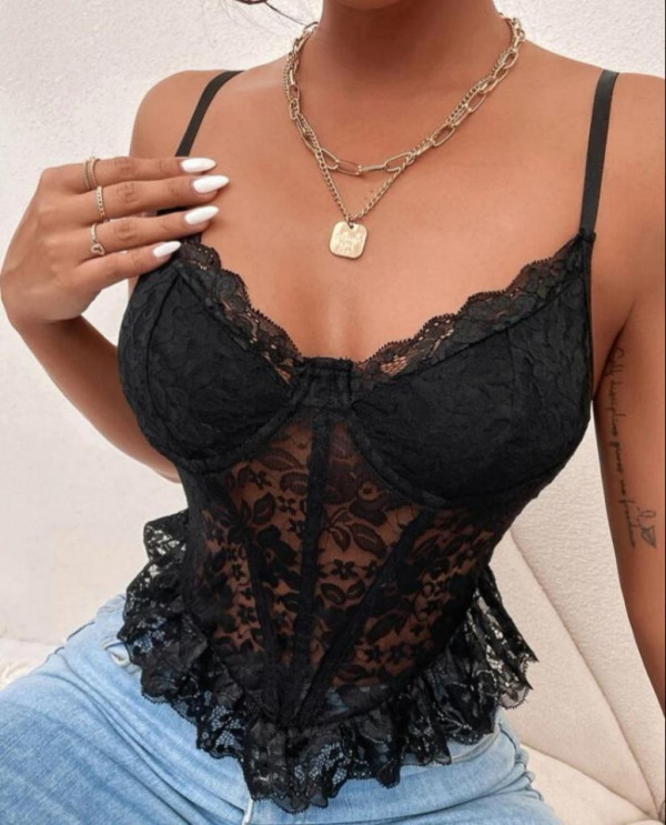 Corset Lace, cu dantela, Negru
