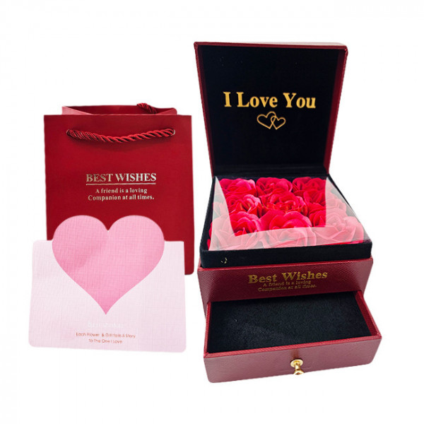 Cutie pentru accesorii "Love Wishes" cu sertar, 9 trandafiri de sapun, felicitare si punga de cadou, Bordo